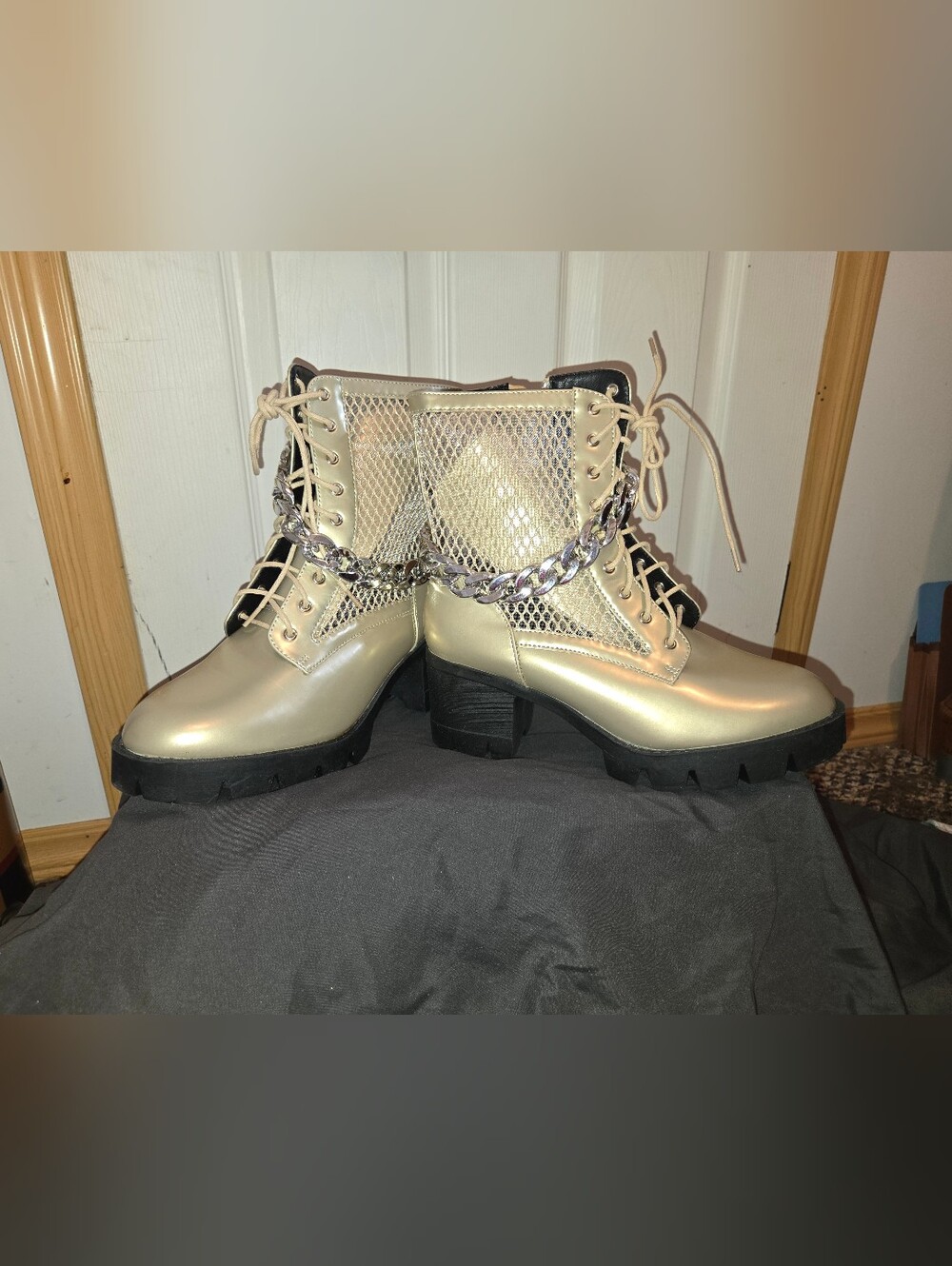 Metallic Gold Lace-Up Combat Boots with Chain Accent